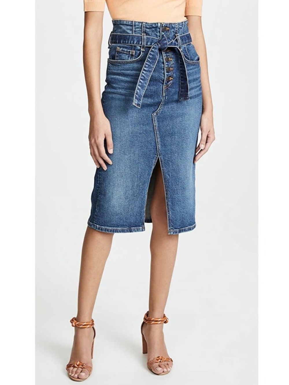 Veronica Beard Blue Denim Paperbag-Waist Pencil Skirt with Front Slit